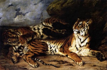  joven Pintura Art%C3%ADstica - Un tigre joven jugando con su madre El romántico Eugene Delacroix